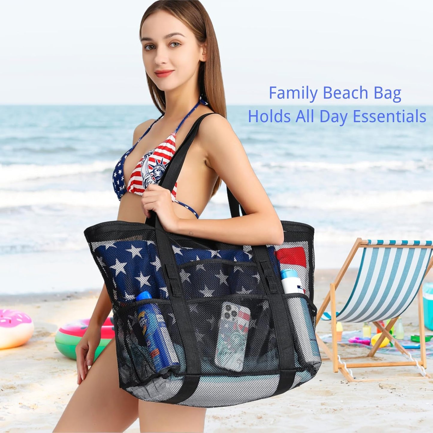 Mesh Beach Bag Family - Large Tote Bag for Cruise Pool Beach Vacation Essentials