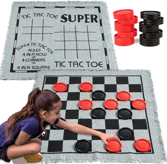 3-In-1 Vintage Giant Checkers and Tic Tac Toe Game with Reversible Mat, 24 Chips, Family Board Game, Lawn Game, BBQ Party Favor, Indoor and Outdoor Activity for Kids and Adults